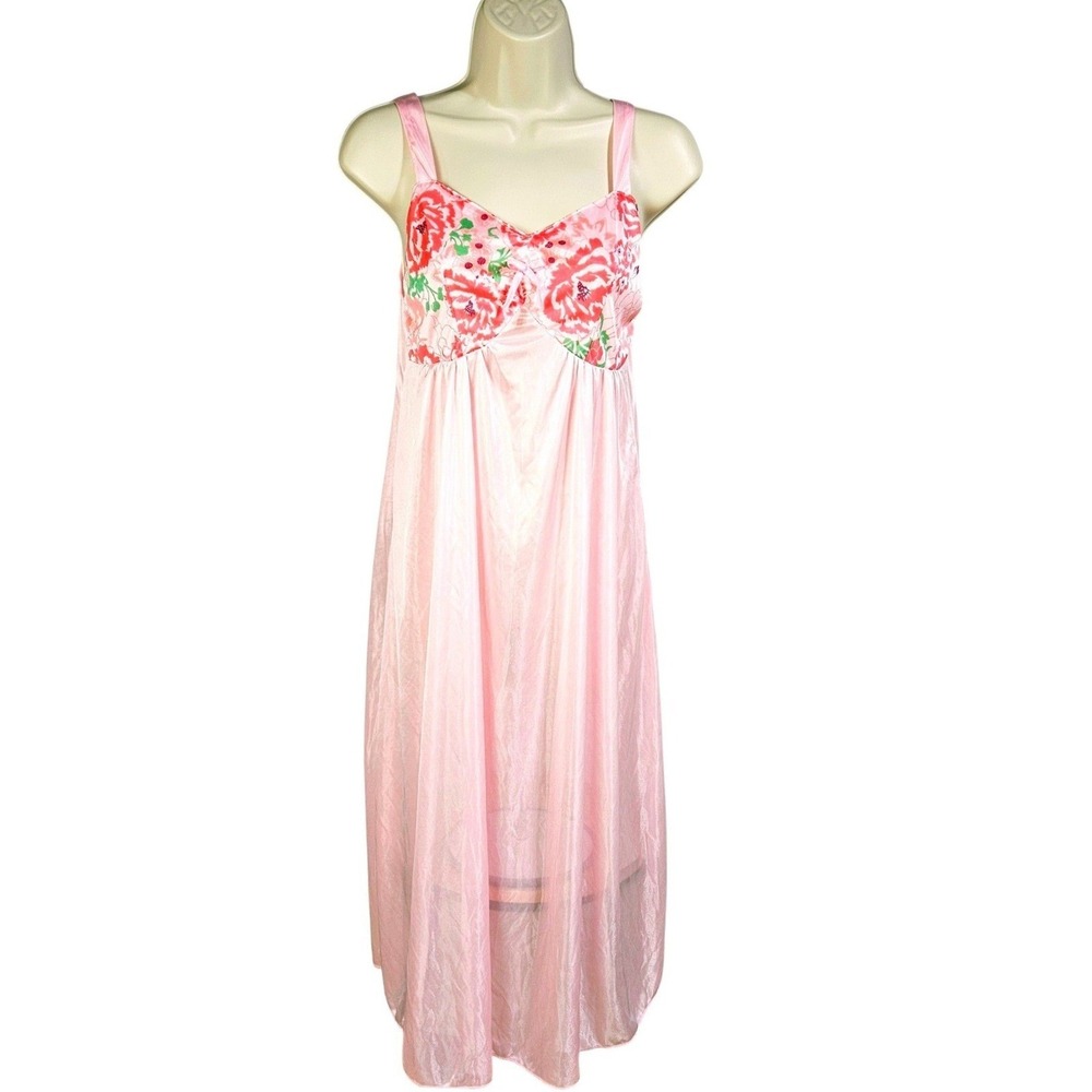 Pink Floral Satin Sleeveless Babydoll Nightgown Slip Dress M Coquette Romantic